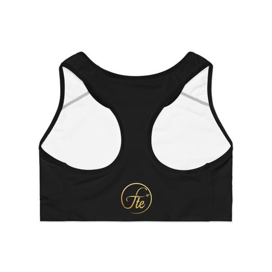 FTE Black Chic Fitness Sports Bra with Gold Logo | Stylish Activewear, Workout Gear, Athletic Top, Trendy Fitness Wear, Gift for Her