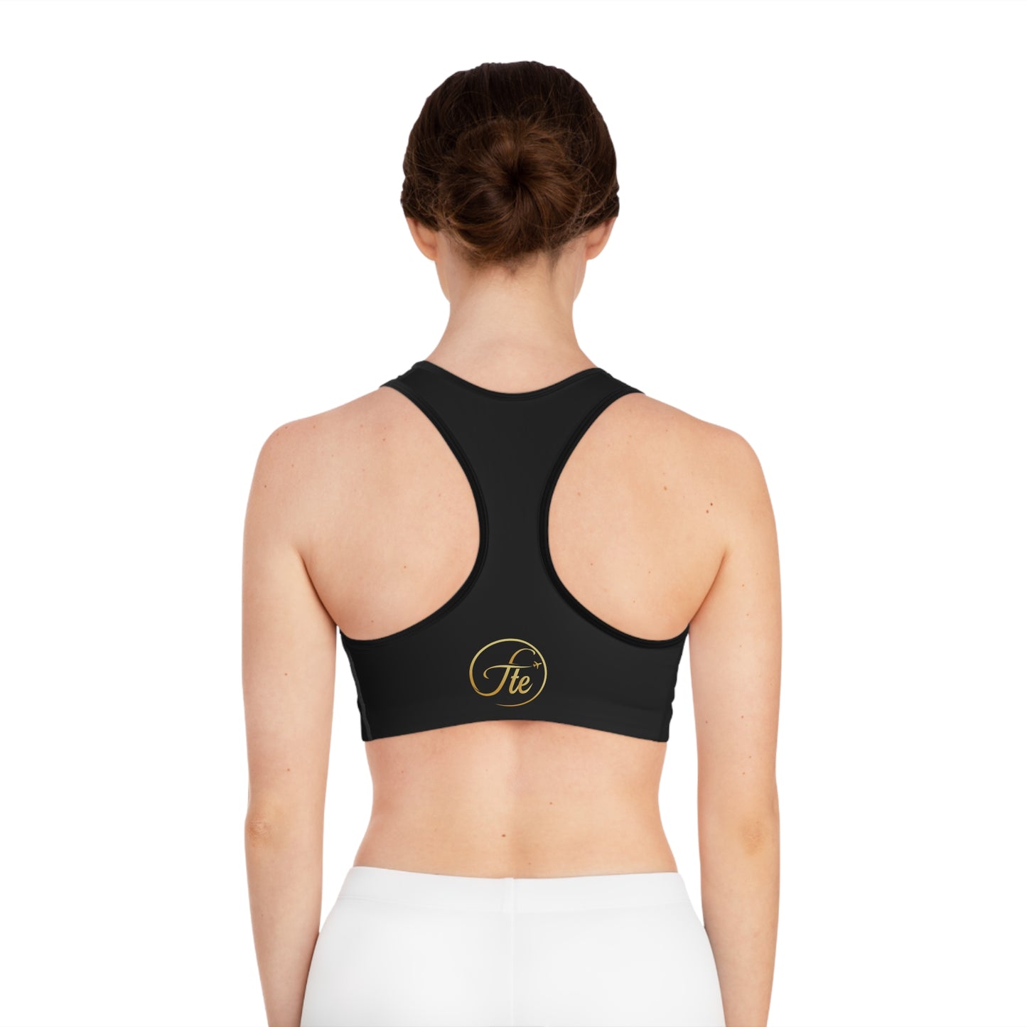 FTE Black Chic Fitness Sports Bra with Gold Logo | Stylish Activewear, Workout Gear, Athletic Top, Trendy Fitness Wear, Gift for Her