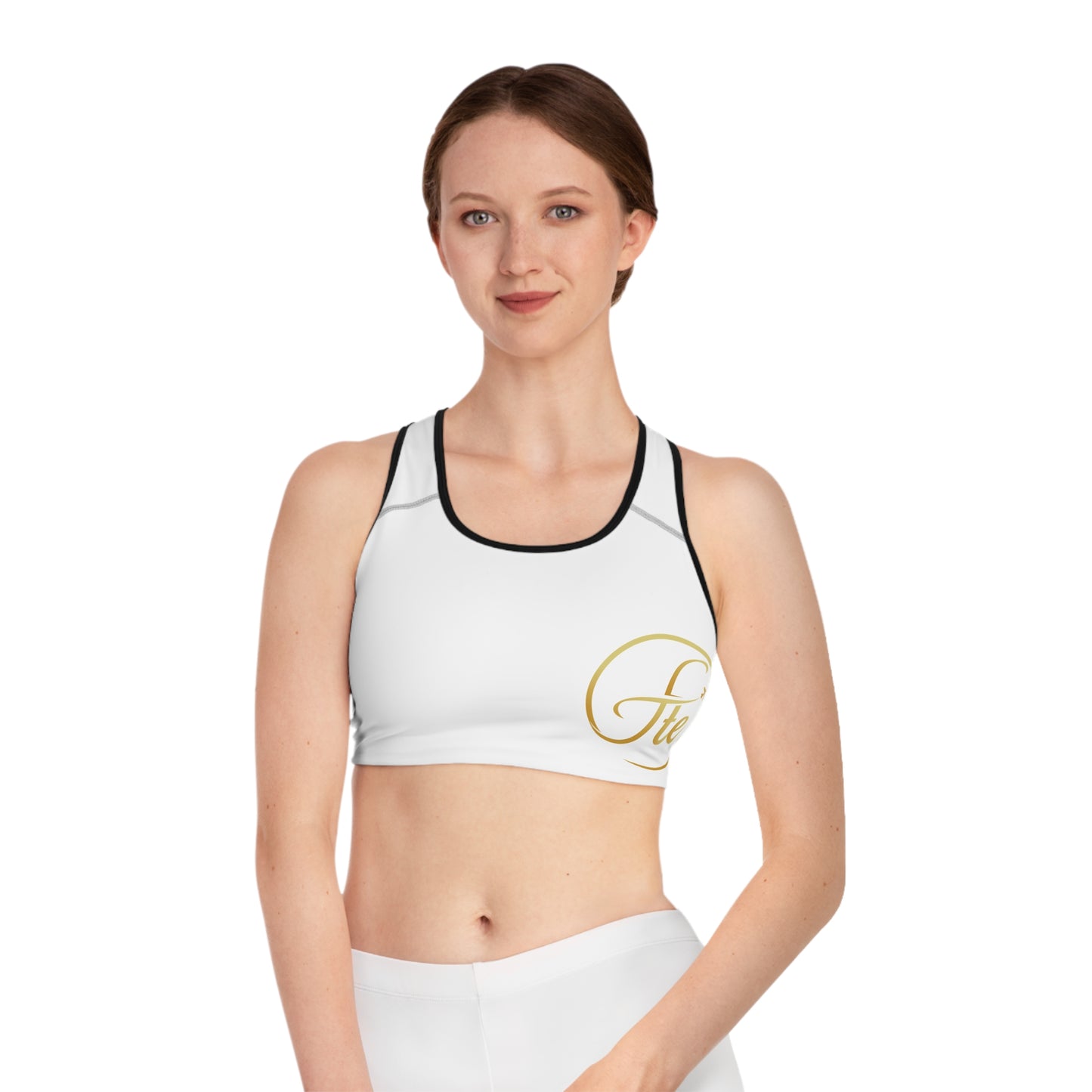 Elegant Travel-Themed Sports Bra with Gold Logo