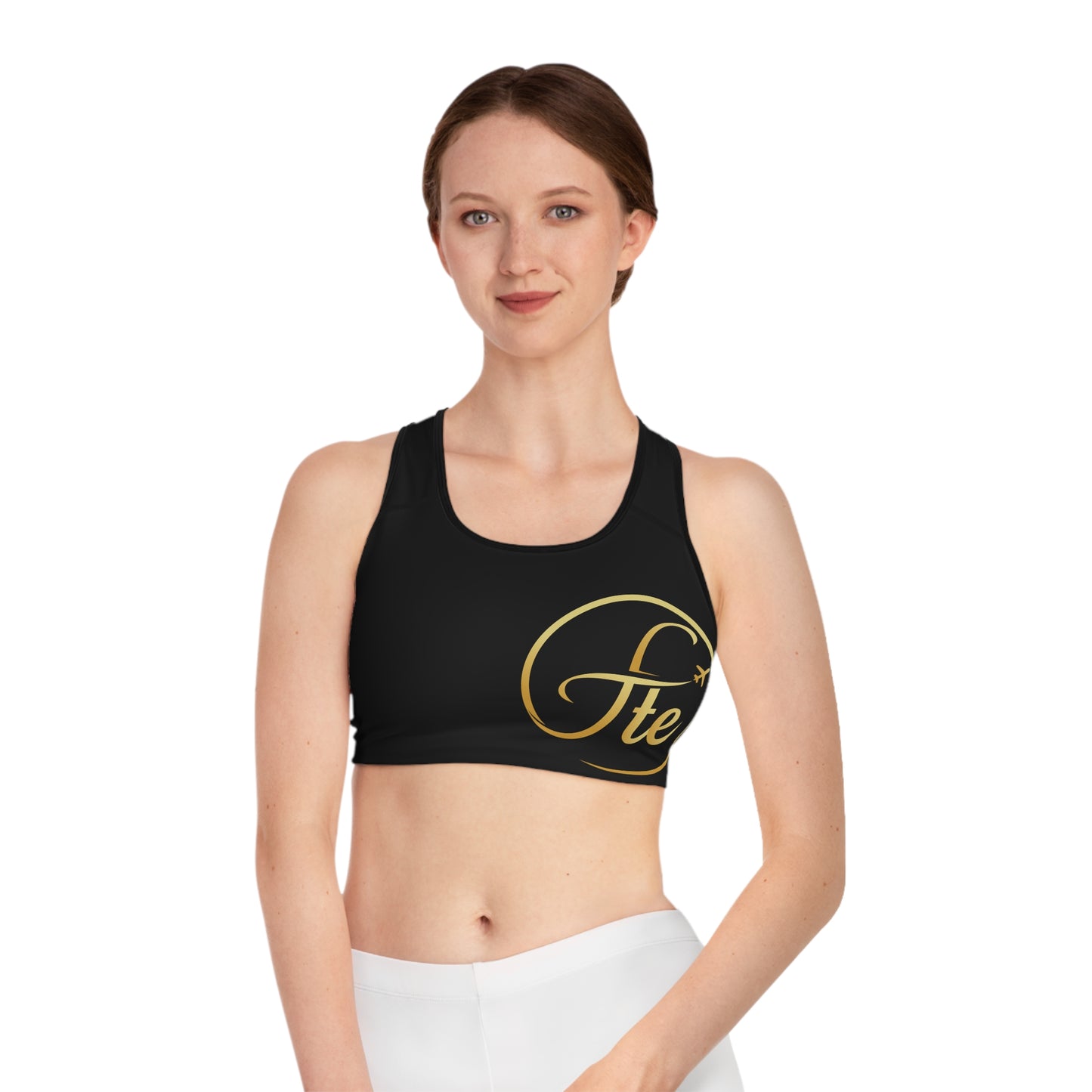 FTE Black Chic Fitness Sports Bra with Gold Logo | Stylish Activewear, Workout Gear, Athletic Top, Trendy Fitness Wear, Gift for Her