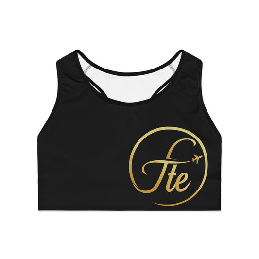 FTE Black Chic Fitness Sports Bra with Gold Logo | Stylish Activewear, Workout Gear, Athletic Top, Trendy Fitness Wear, Gift for Her